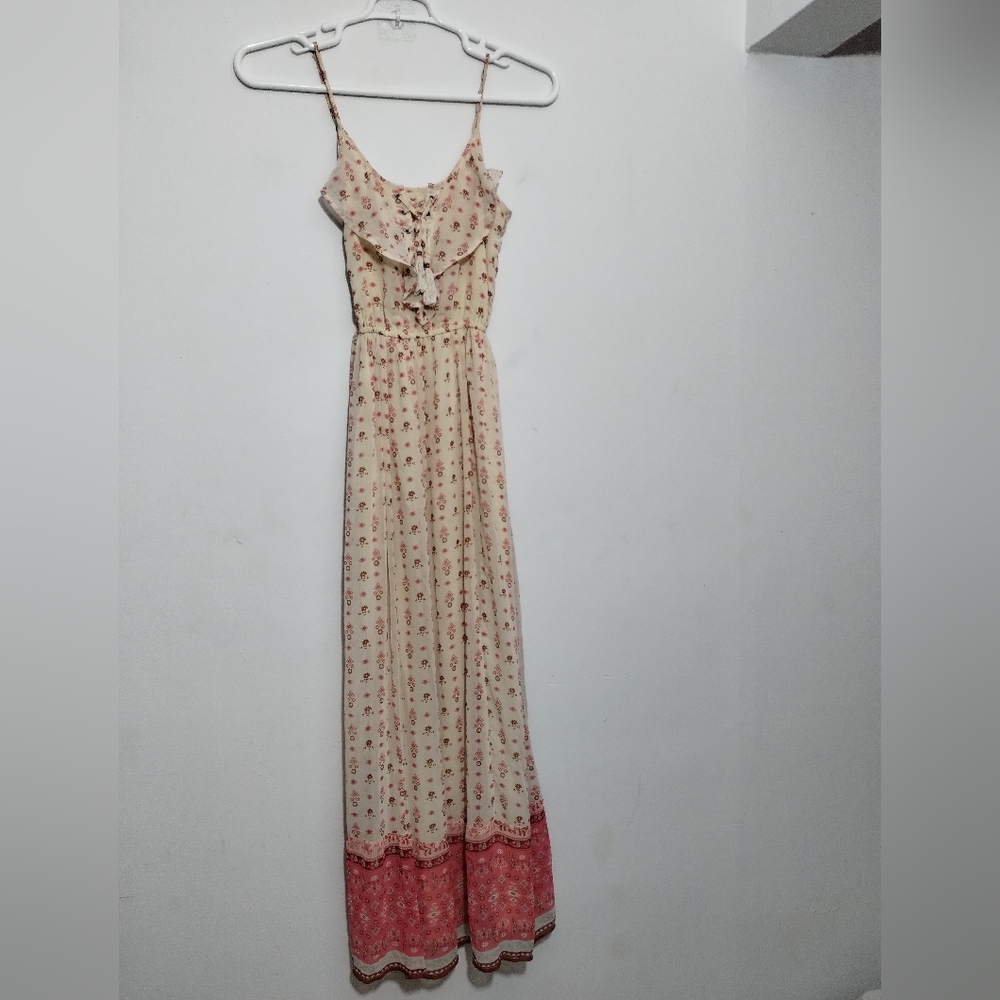 Hollister Maxi Dress Chiffon Peach Floral Ruffle Adjustable Straps Women's XS